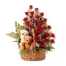 Twin Teddy and Red Roses